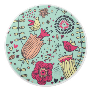 Cartoon floral pattern with birds ceramic knob