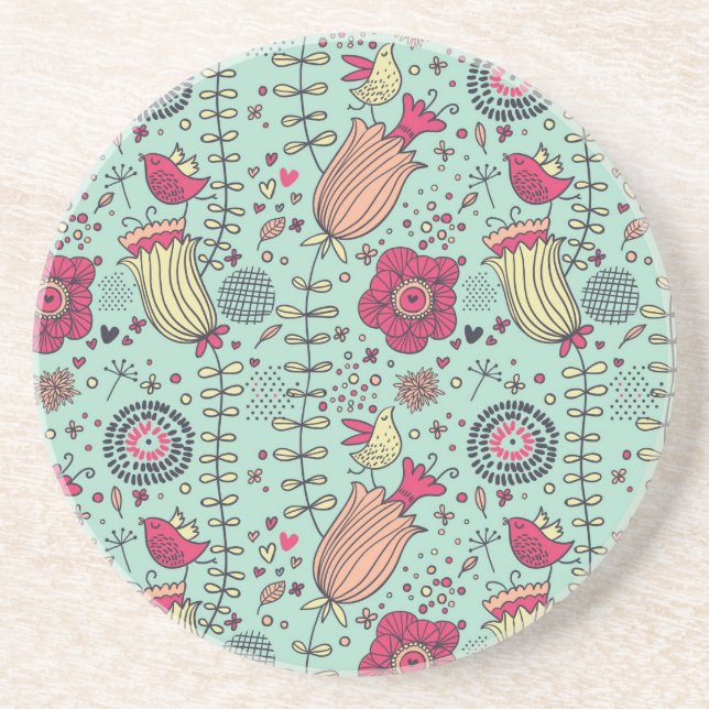 Cartoon floral pattern with birds coaster (Front)