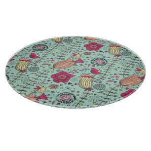 Cartoon floral pattern with birds cutting board