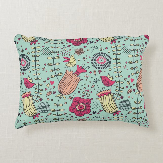 Cartoon floral pattern with birds decorative cushion (Front)