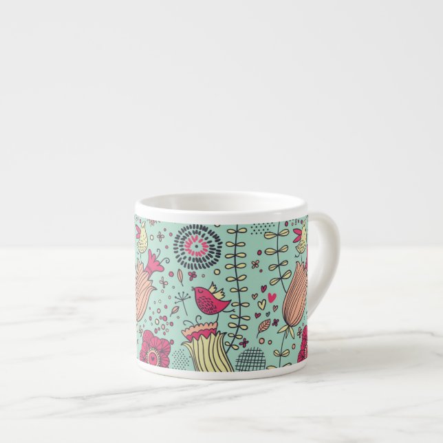 Cartoon floral pattern with birds espresso cup (Front Right)