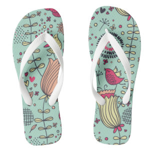 Cartoon floral pattern with birds flip flops