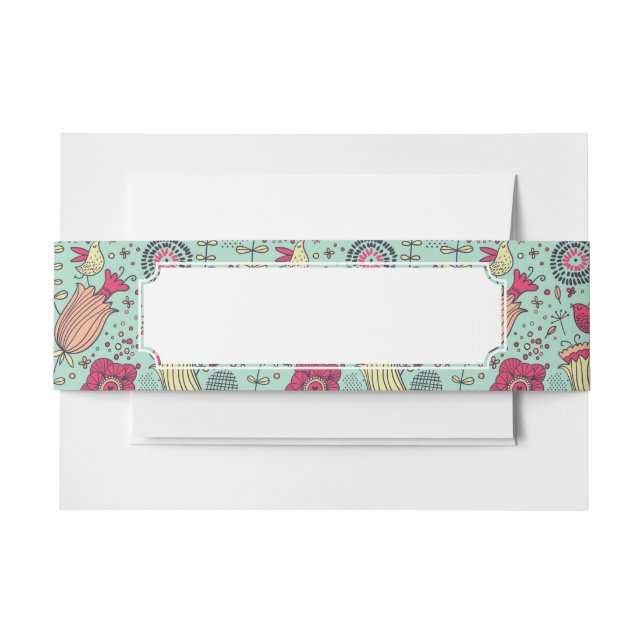 Cartoon floral pattern with birds invitation belly band (Front Example)