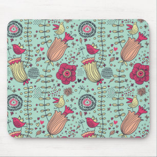 Cartoon floral pattern with birds mouse mat