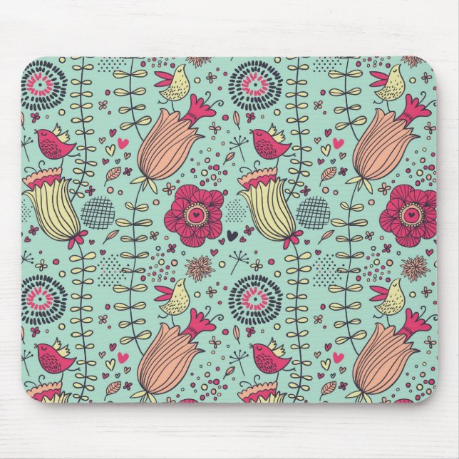 Cartoon floral pattern with birds mouse mat (Front)