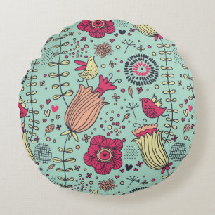 Cartoon floral pattern with birds round cushion