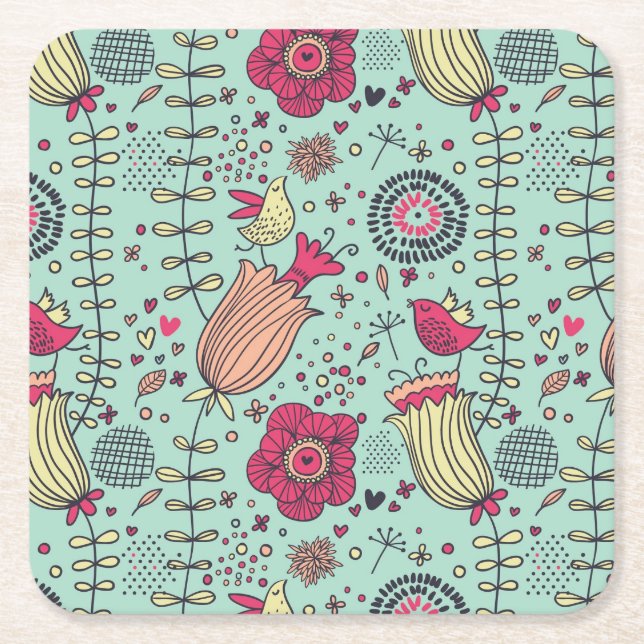 Cartoon floral pattern with birds square paper coaster (Front)