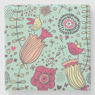 Cartoon floral pattern with birds stone coaster