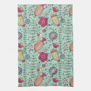 Cartoon floral pattern with birds tea towel