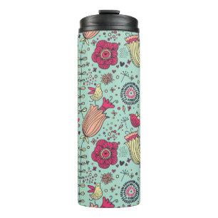 Cartoon floral pattern with birds thermal tumbler