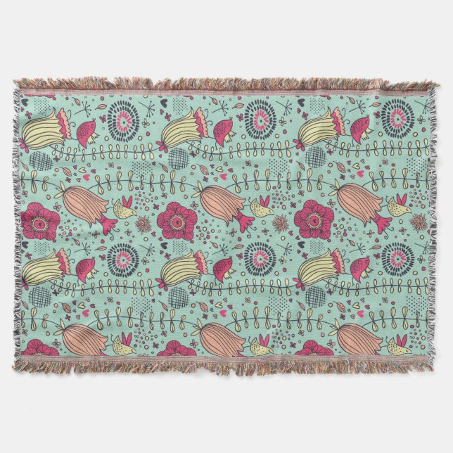 Cartoon floral pattern with birds throw blanket (Front)