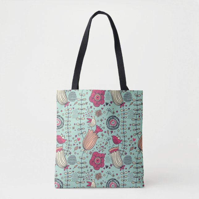 Cartoon floral pattern with birds tote bag (Front)