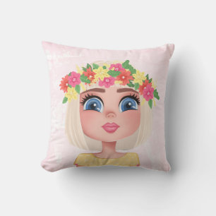 Cartoon Flower Child Girl on Pink  Cushion