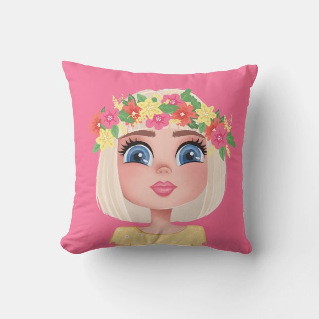 Cartoon Flower Child Girl on Pink Cushion (Front)