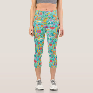 Cartoon Flower Pattern High Waisted Yoga Capris
