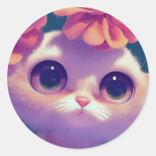 Cartoon fluffy baby kitten, big eyes, pink flower classic round sticker