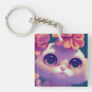 Cartoon fluffy baby kitten, big eyes, pink flower key ring