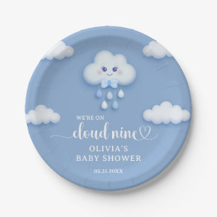 Cartoon fluffy white cloud 9 blue boy baby shower paper plate