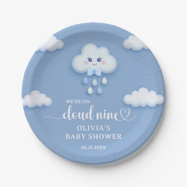 Cartoon fluffy white cloud 9 blue boy baby shower paper plate (Front)