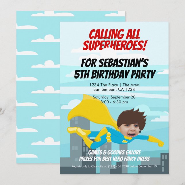 Cartoon Flying Superhero Comic Birthday Party Invitation (Front/Back)