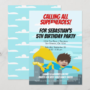 Cartoon Flying Superhero Comic Birthday Party Invitation