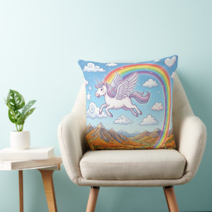 Cartoon Flying Unicorn with Rainbow Cushion