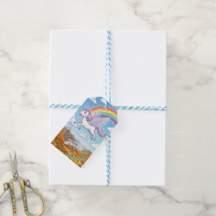 Cartoon Flying Unicorn with Rainbow Personalise Gift Tags