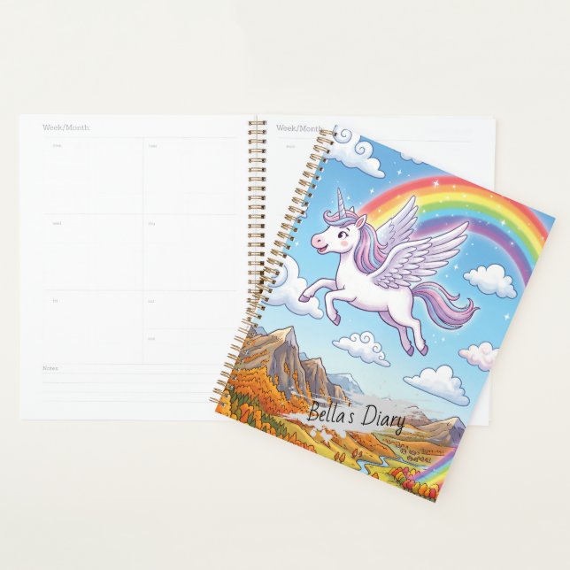 Cartoon Flying Unicorn with Rainbow | Personalise Planner (Display)
