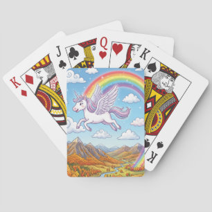 Cartoon Flying Unicorn with Rainbow Playing Cards