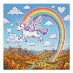 Cartoon Flying Unicorn with Rainbow Poster