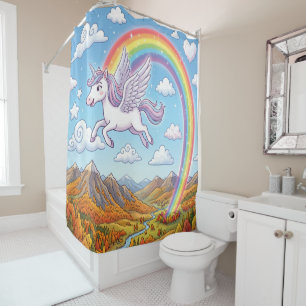 Cartoon Flying Unicorn with Rainbow Shower Curtain