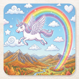 Cartoon Flying Unicorn with Rainbow Square Paper Coaster