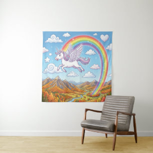 Cartoon Flying Unicorn with Rainbow Tapestry