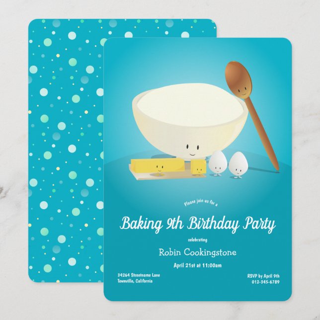 Cartoon Food Characters Blue Baking Birthday Party Invitation (Front/Back)