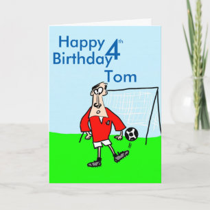Cartoon footballer on the field with goals behind card