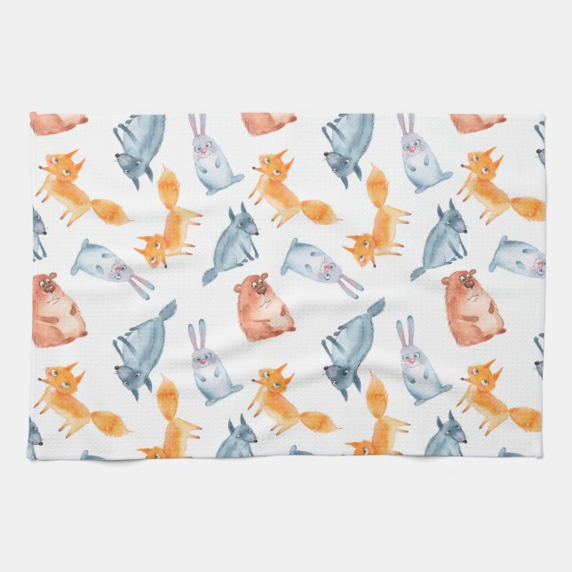 Cartoon forest animals. Wolf, bear, fox and hare. Tea Towel (Horizontal)