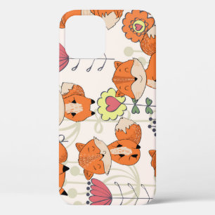 Cartoon fox, flowers: vintage hand-drawn pattern iPhone 12 case
