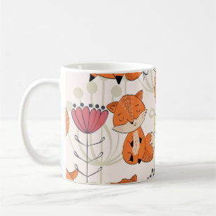 Cartoon fox, flowers: vintage hand-drawn pattern coffee mug