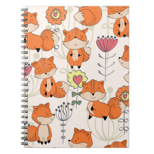 Cartoon fox, flowers: vintage hand-drawn pattern notebook