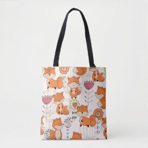 Cartoon fox, flowers: vintage hand-drawn pattern tote bag