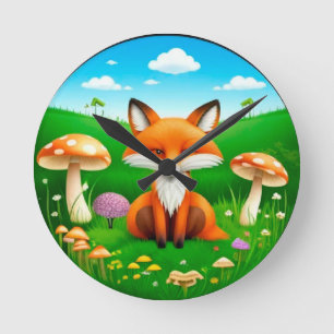 Cartoon Fox in a Forest Round Clock