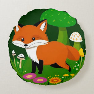 Cartoon Fox in a Forest Round Cushion