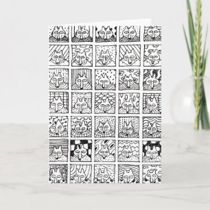 Cartoon Foxes Faces Squares Drawing Card