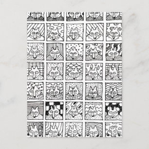 Cartoon Foxes Faces Squares Drawing  Postcard