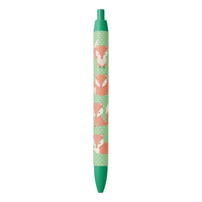 Cartoon Foxes on Green Polka Dot Black Ink Pen (Front Vertical)