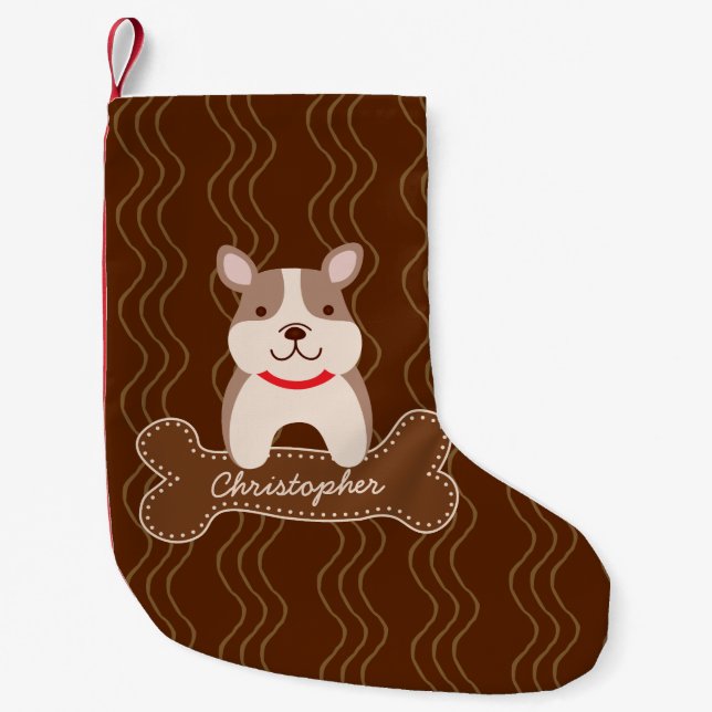 Cartoon French Bulldog Cute Puppy Dog Custom Name Small Christmas Stocking (Front)