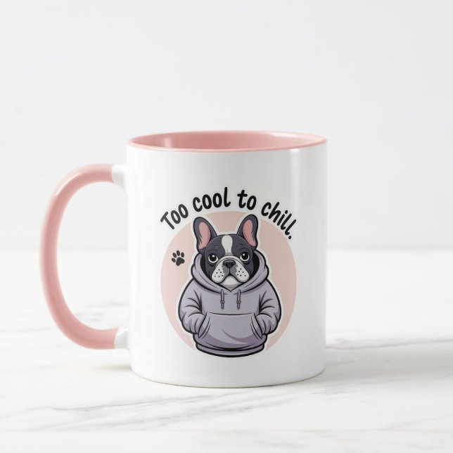 Cartoon french bulldog wearing a hoodie in mug (Left)