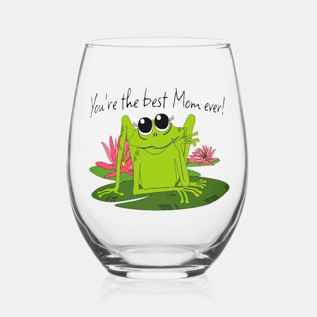 Cartoon Frog Best Mum Ever Stemless Wine Glass (Front)