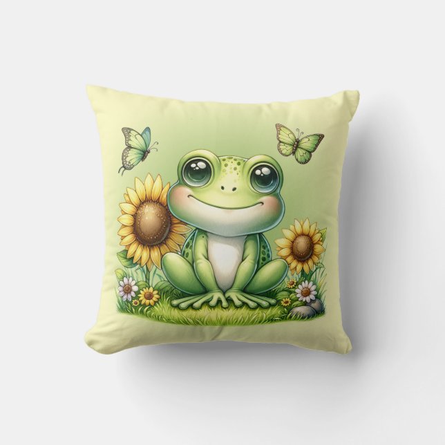 Cartoon Frog Butterflies and Sunflowers Cushion (Front)