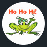 Cartoon Frog Christmas Sticker<br><div class="desc">Sticker someone with a cute cartoon frog waving HO HO HI! for the holidays.   
You can also personalise the text with your own jump for joy messages.</div>